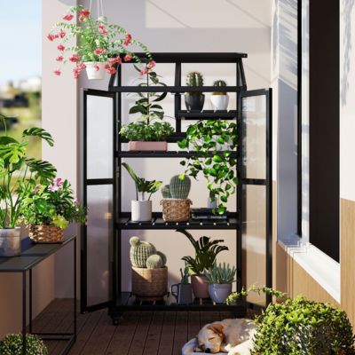 62" Wood Balcony Cold Frame with Wheels and Shelves