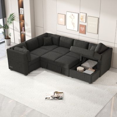 Modern U-Shape Sofa Bed with Power & USB, Storage