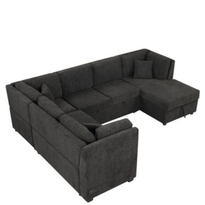 Modern U-Shape Sofa Bed with Power & USB, Storage