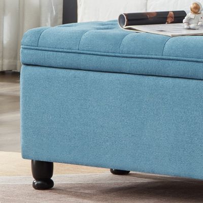 Button Tufted Storage Bench - Light Blue Linen