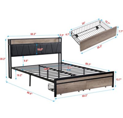 Queen Size Metal Platform Bed Frame with Storage and USB Headboard