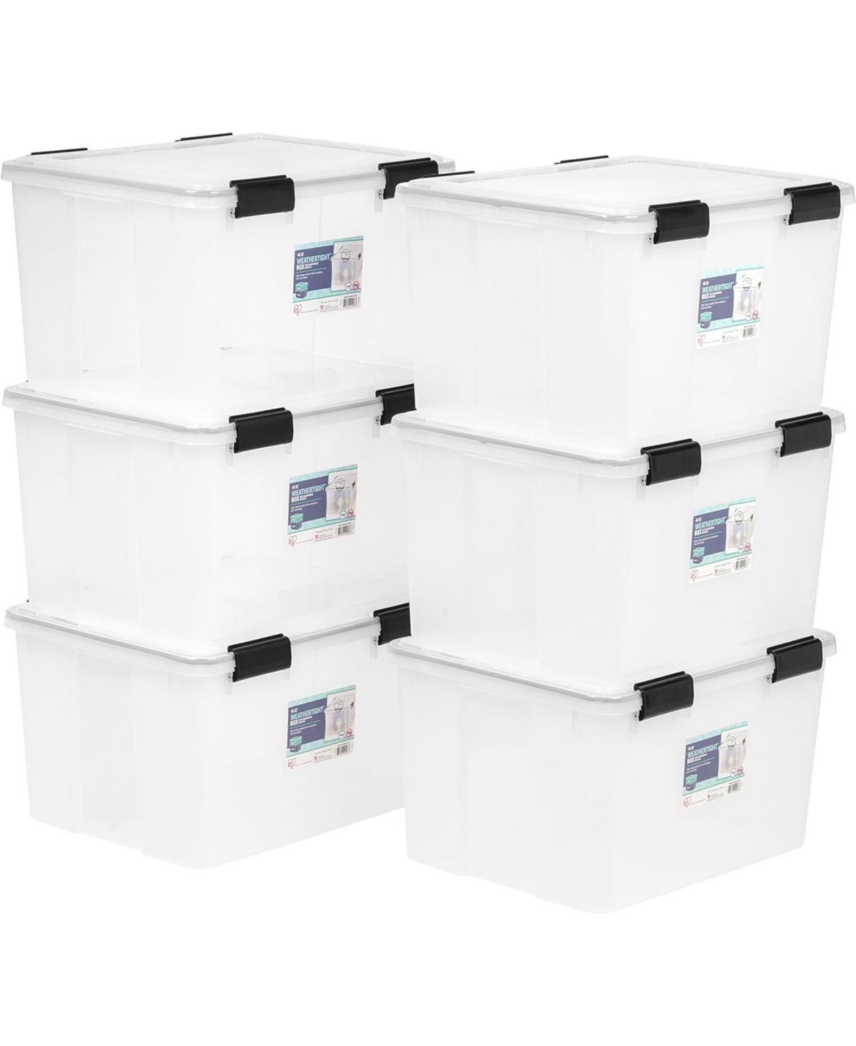 2 Pack 46.6qt Weatherpro Airtight Plastic Storage Bin with Lid and Seal and 4 Secure Latching Buckles - Open White