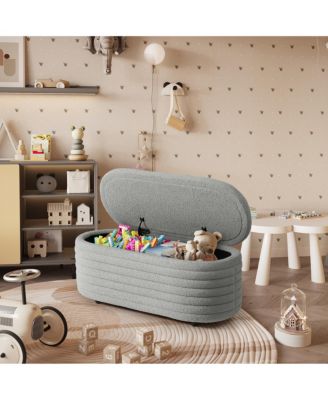 54" Wide Modern Upholstered Sherpa Tufted Oval Storage Ottoman Bench