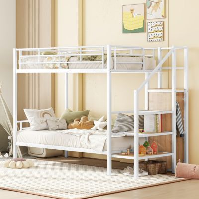 Streamdale Twin Over Twin Metal Bunk Bed With Lateral Storage Ladder And Wardrobe