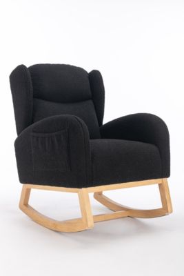 Teddy Fabric Rocking Chair With Packet Wood Legs, Black