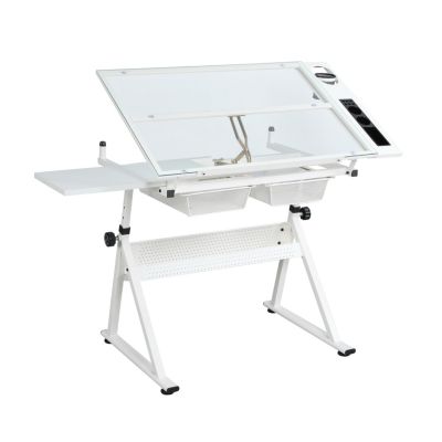Streamdale White Adjustable Tempered Glass Drafting Printing Table With Chair