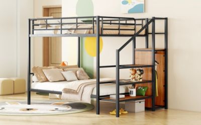 Metal Bunk Bed With Lateral Storage Ladder And Wardrobe