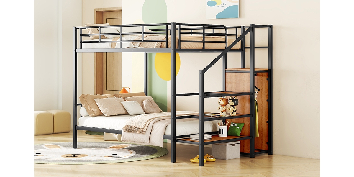 Simplie Fun Full Over Metal Bunk Bed With Lateral Storage Ladder And Wardrobe, White