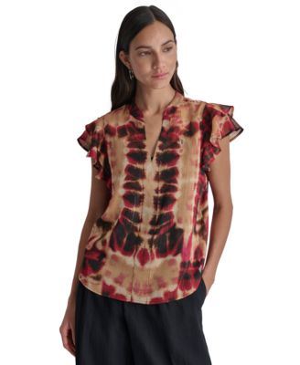 DKNY - Women's Printed Double-Ruffle-Sleeve Split-Neck Chiffon Blouse