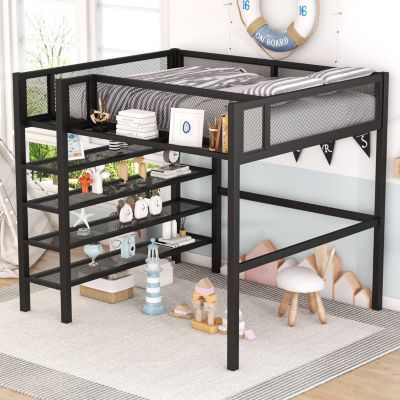 Streamdale Full Size Metal Loft Bed With 4-Tier Shelves