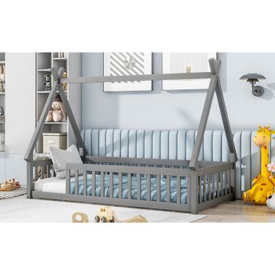 Twin Tent-Shaped Floor Bed, Teepee Bed With Guardrails, Slats, Grey