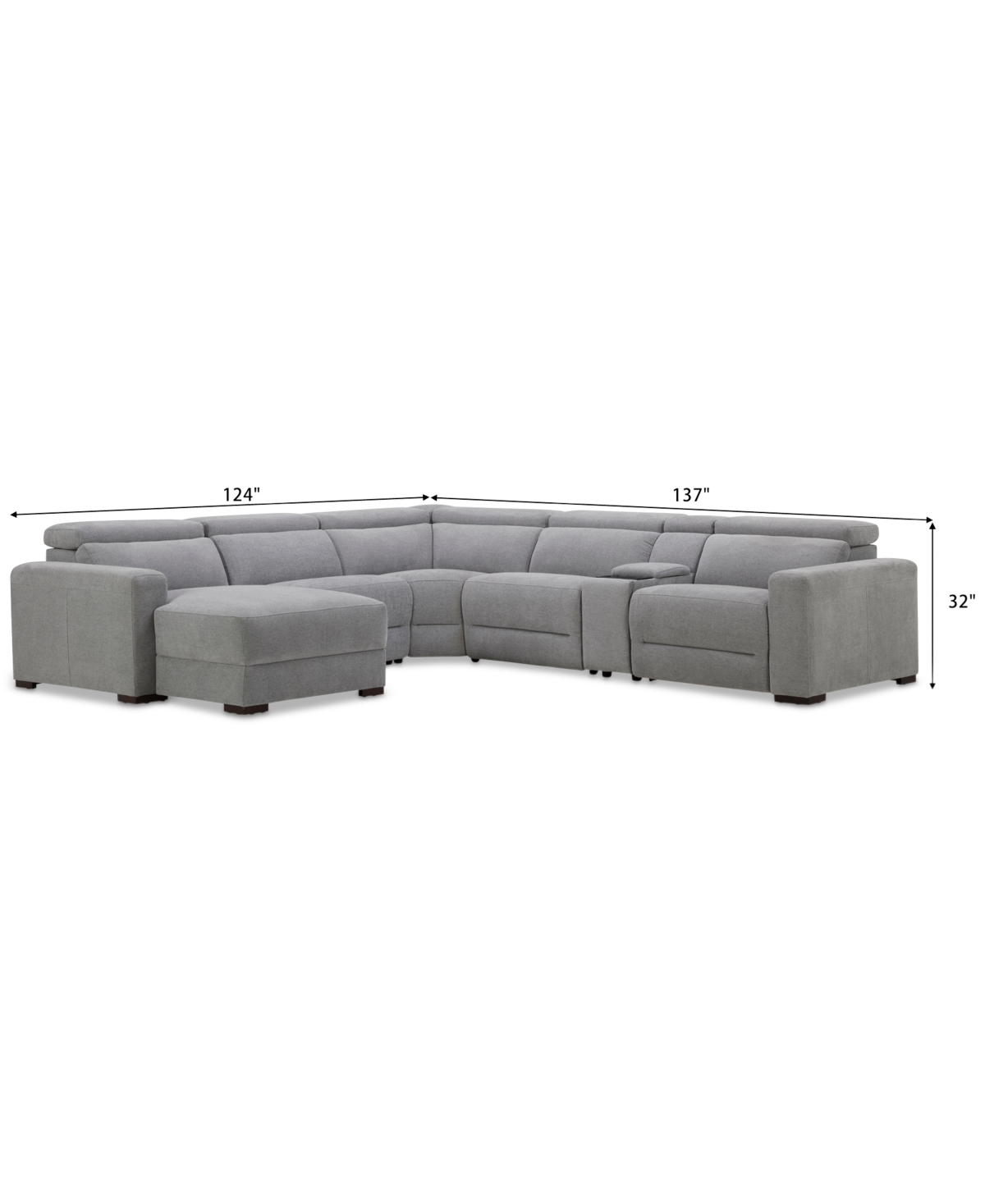 Nevio 6-Pc. Fabric Power Headrest Sectional with Chaise & Console and 3 Power Motion Chairs