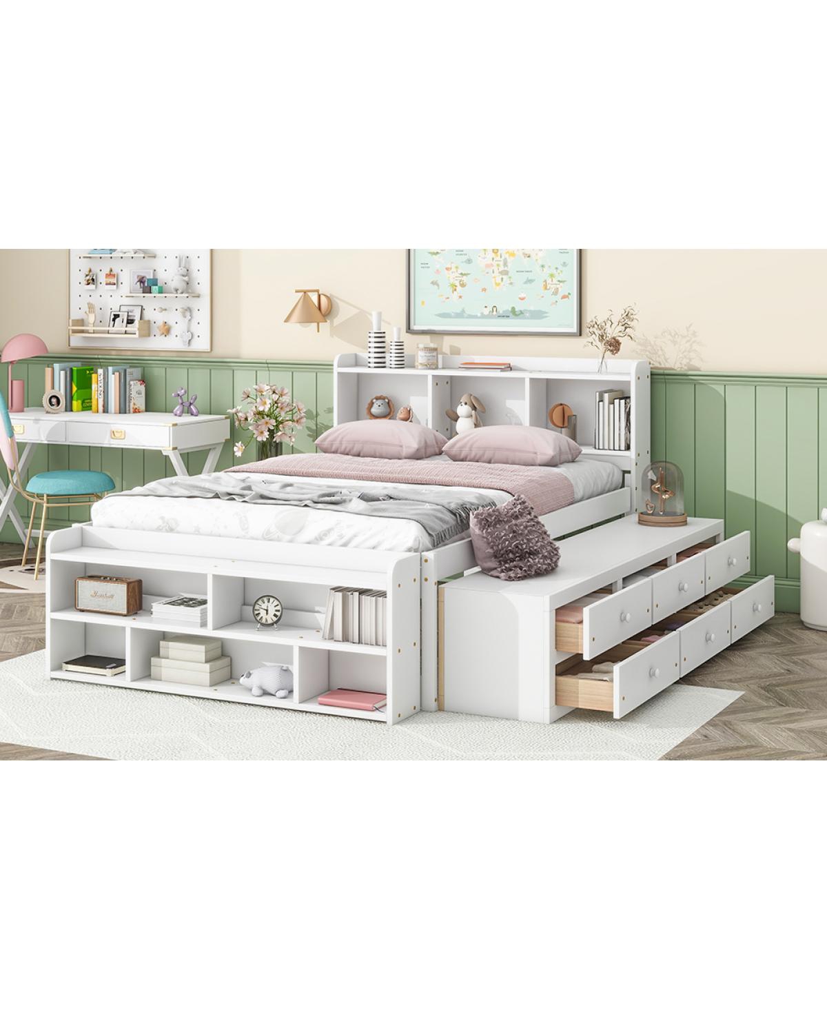 Simplie Fun Full Bed With Bookcase Headboard, Under Bed Storage Drawers And Bed End Storage Case, White