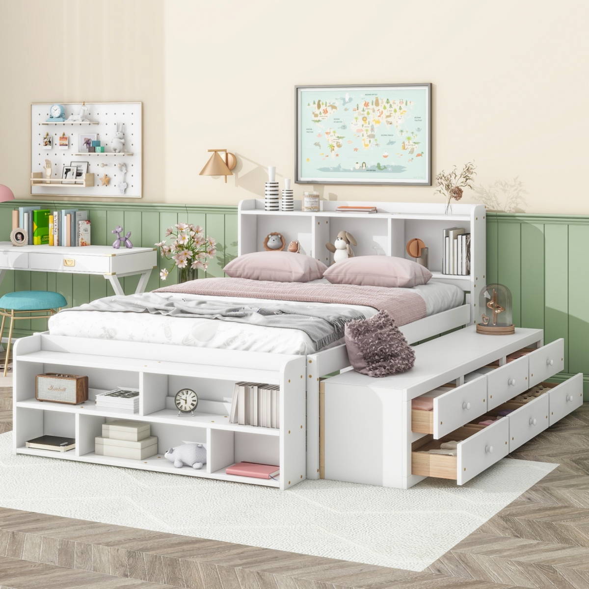 Simplie Fun Full Bed With Bookcase Headboard, Under Bed Storage Drawers And Bed End Storage Case, White