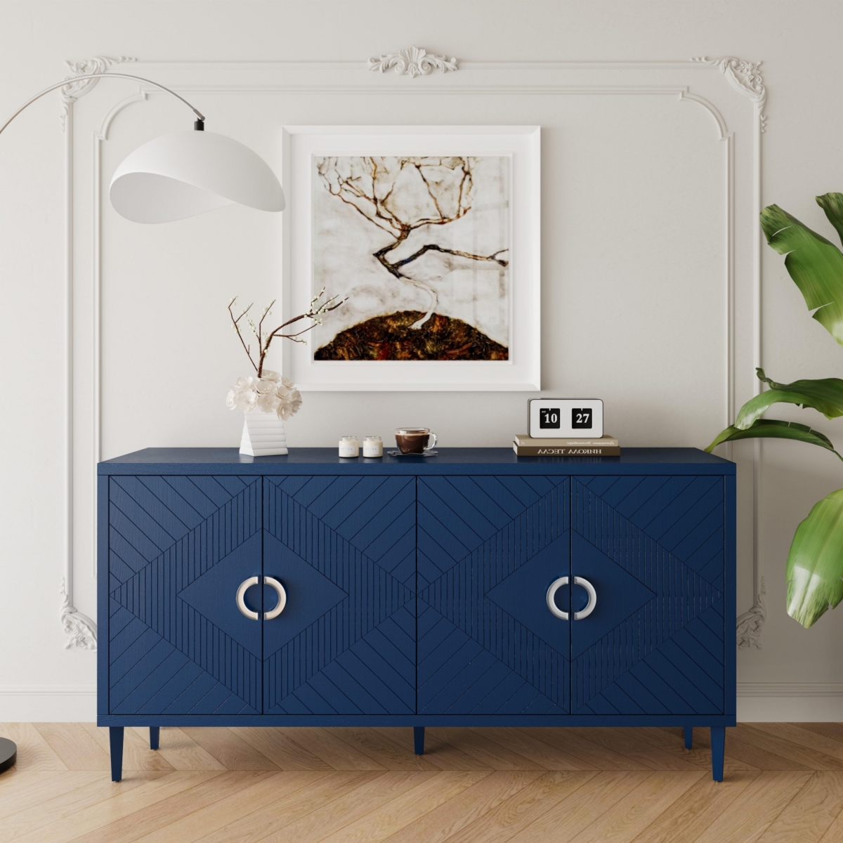 Streamdale Stylish 4-Door Storage Cabinet with Pine Legs - Navy Blue