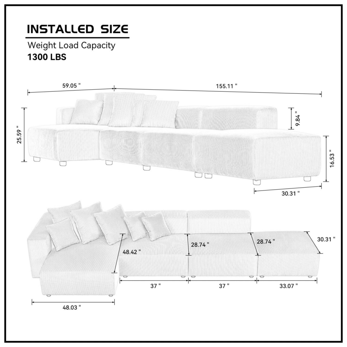 Streamdale Furniture 4-Piece Gray Corduroy Sectional Sofa Set