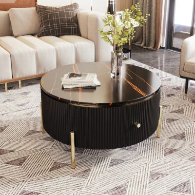 31.5" Round MDF Marble Pattern Storage Coffee Table