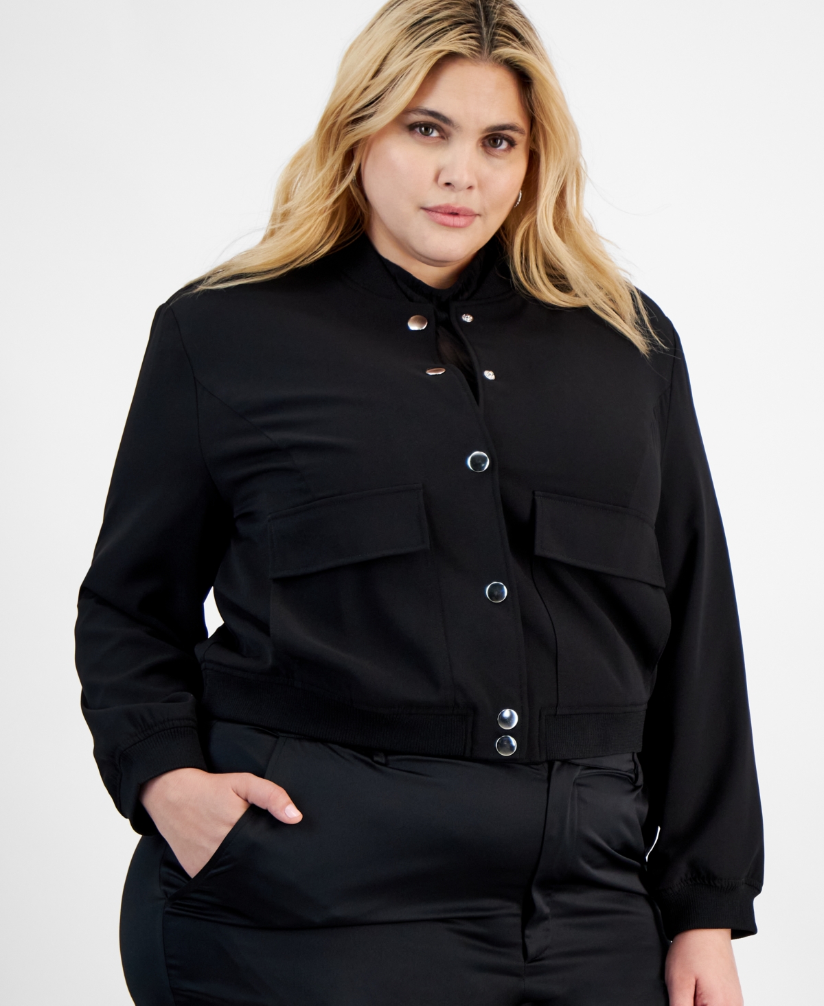 Bar Iii Trendy Plus Size Snap-Front Bomber Jacket, Created for Macy's