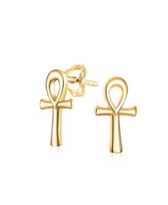 Minimalist Petite Delicate Religious Symbol of Life Egyptian Ankh Cross Stud Earrings 14k Gold 2.5 Microns Vermeil Sterling Silver