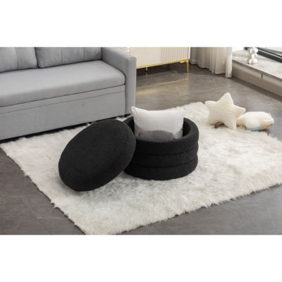 Boucle Round Ottoman with Shelf, Black