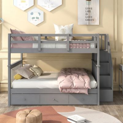  Stairway Full-Over-Full Bunk Bed w/ Drawer & Storage