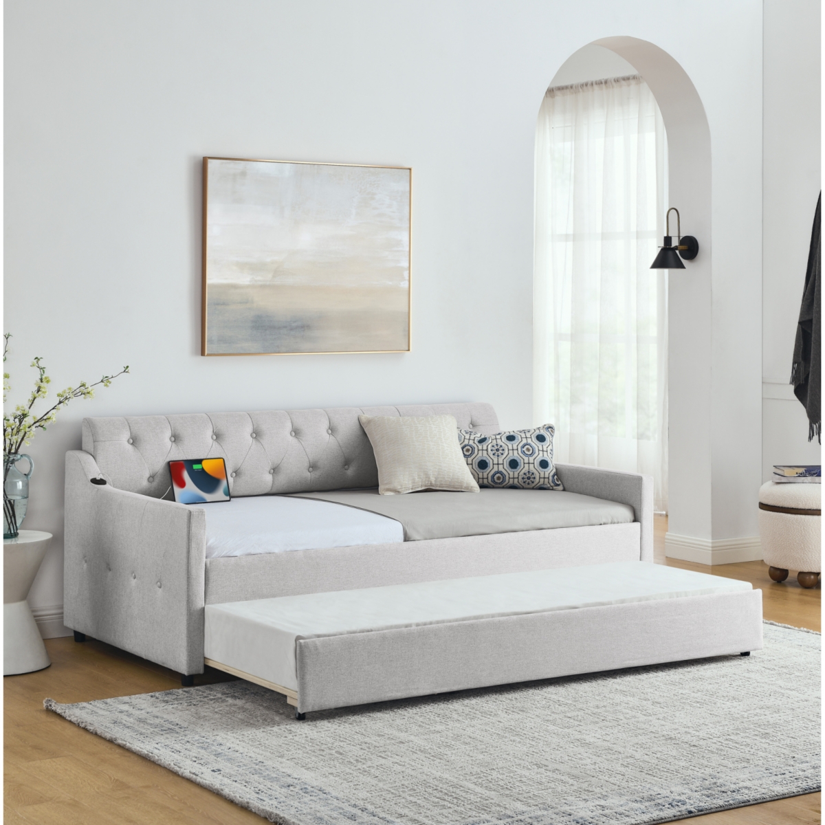 Streamdale Furniture Twin Size Upholstery Day Bed With Twin Size Erectable Trundle And Usb Charging Design