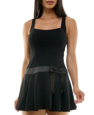 Juniors' Drop-Waist Square-Neck Bow-Trim Dress