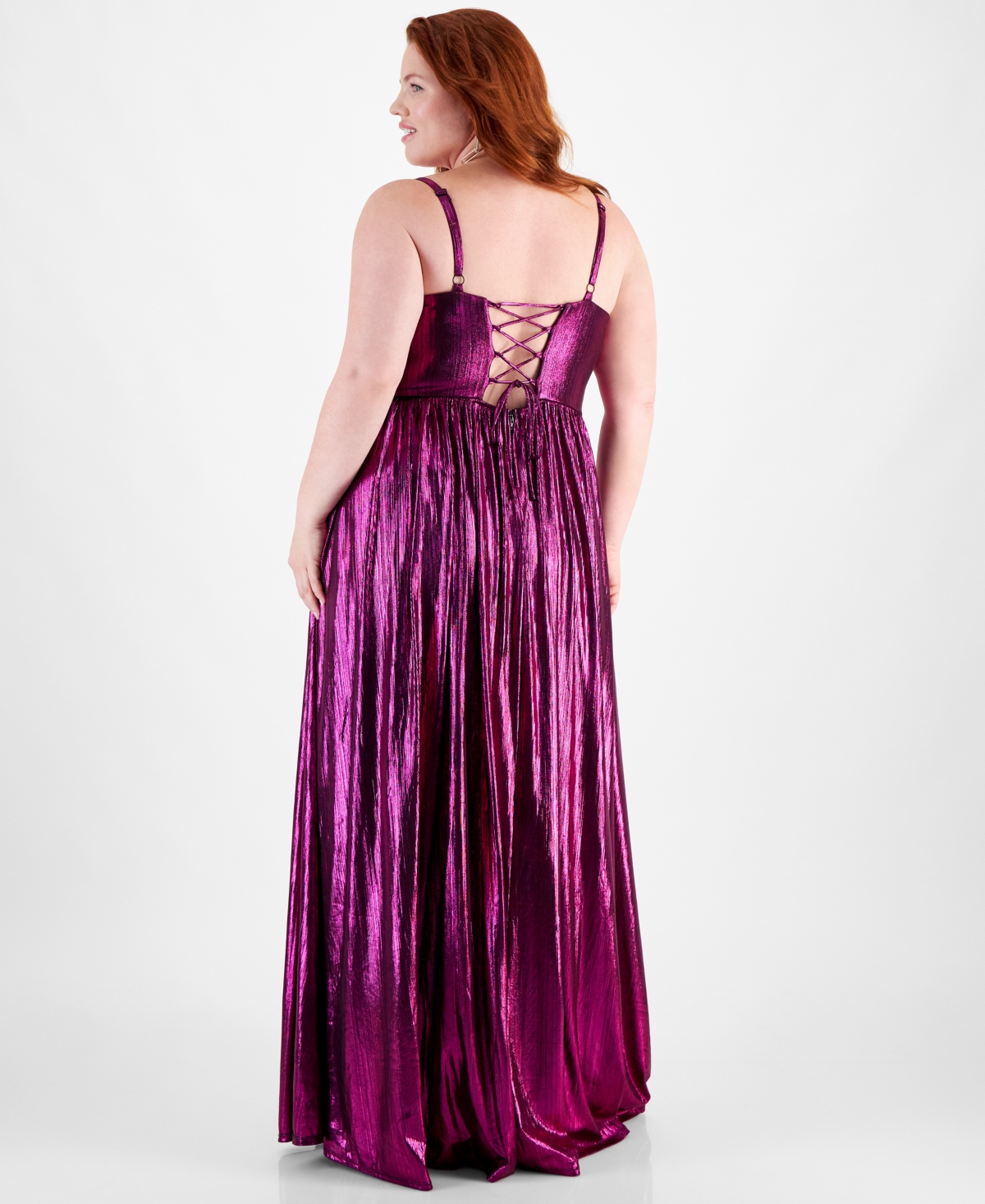 City Studios Trendy Plus Size Sweetheart-Neck Foil-Knit Gown