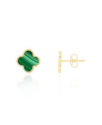 Small Malachite Clover Stud Earrings 14K Gold