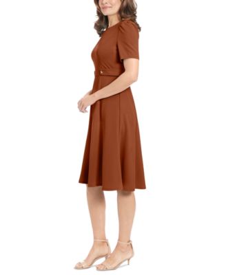 Women's Puff-Sleeve Tab-Detail Fit & Flare Dress