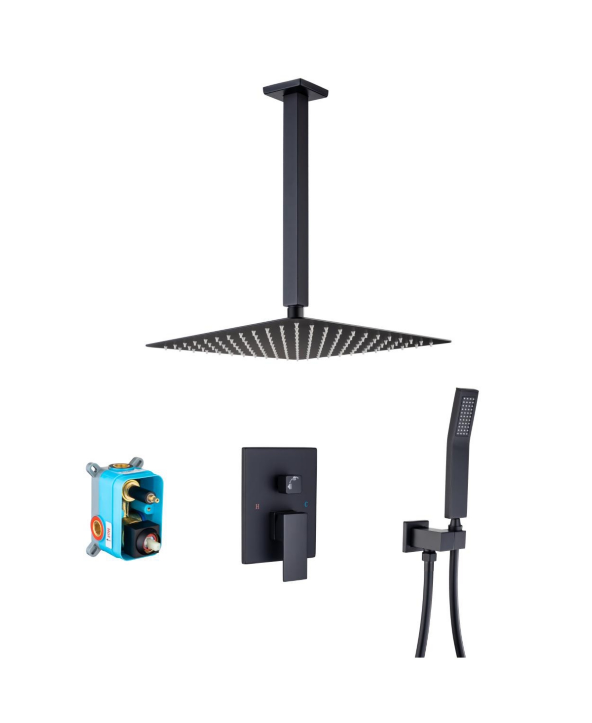 12" Brushed Nickel Ceiling Shower System with Mixer Valve - Black