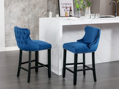  Contemporary Velvet Upholstered Wing-Back Barstools With Button Tufted