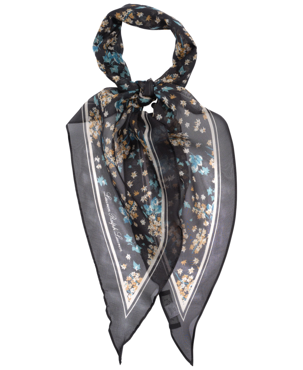 floral diamond with stripe border scarf - Black