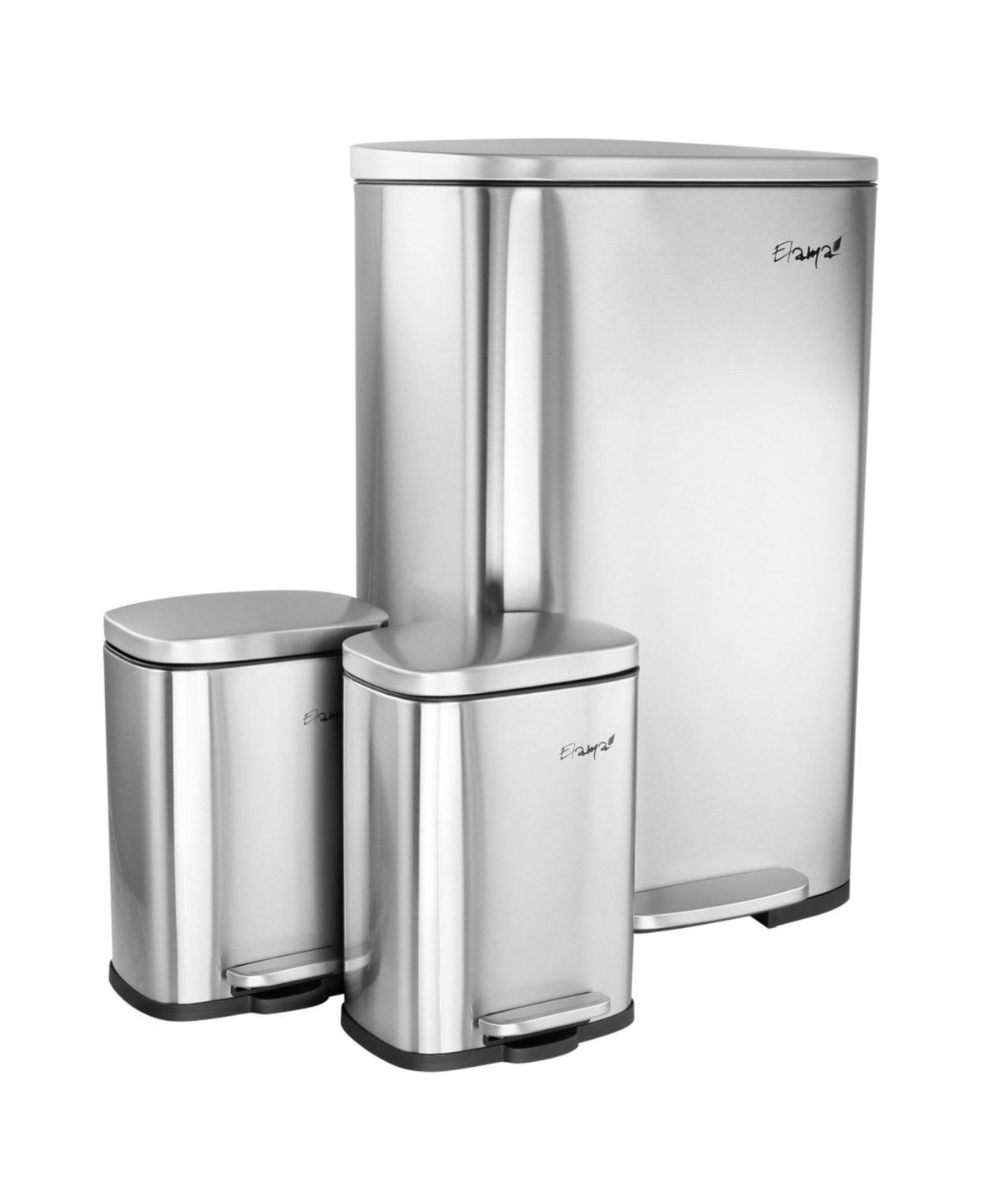 3 Piece 50 Liter and 5 Liter Stainless Steel Step Trash Bin Combo Set with Slow Close Mechanism - Silver