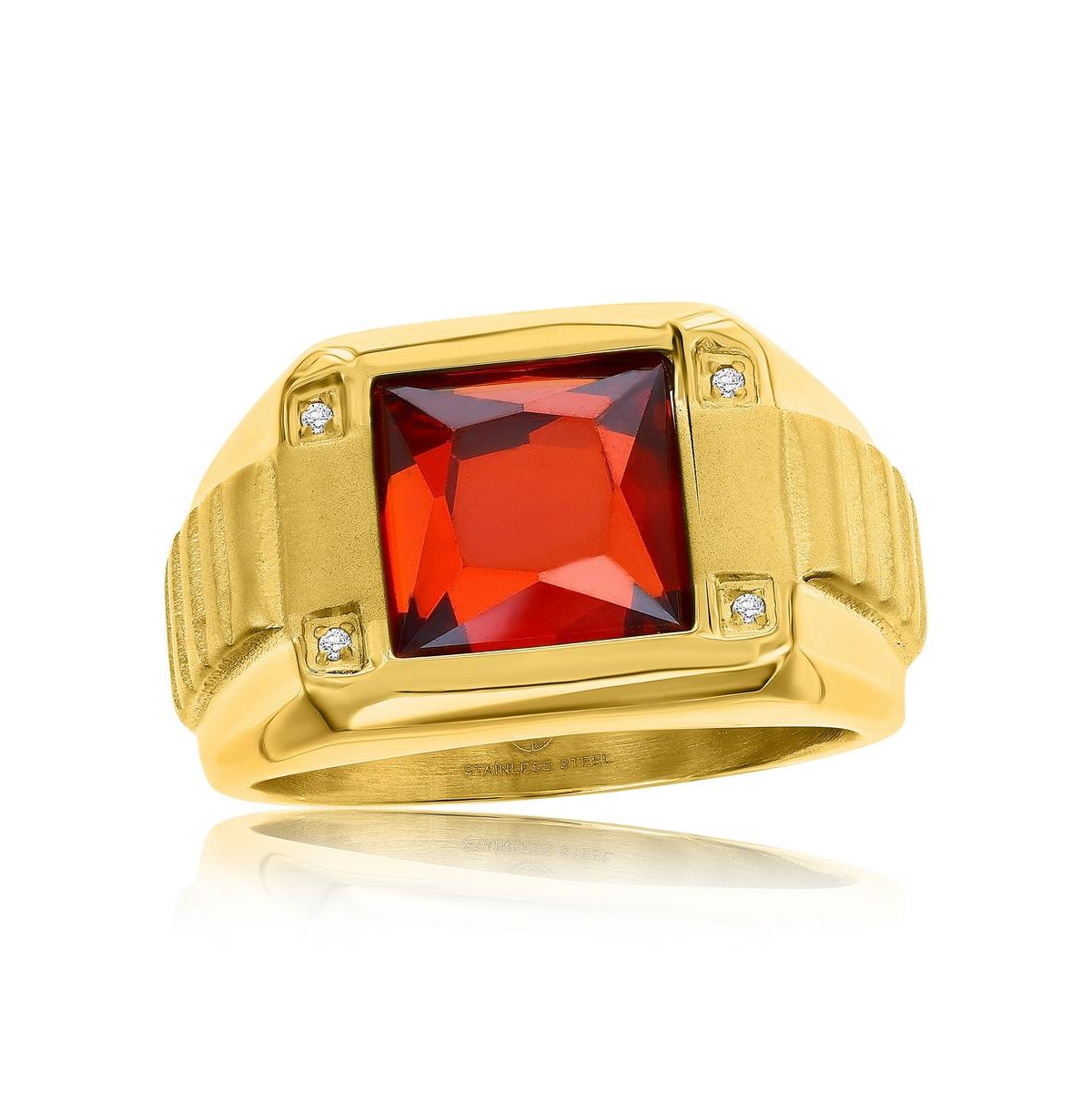 Stainless Steel Genuine Spinel Square Cz Ring - Red