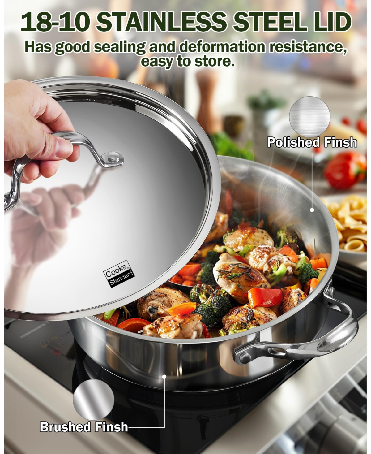 Cooks Standard 4-Quart Stainless Steel Saute Pan with Lid, Deep Frying Pan Induction Cookware, Oven Safe Large Skillet Jumbo Cooker with Sta