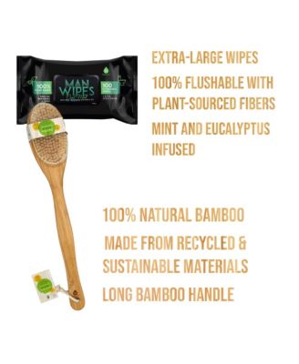 Minty Fresh Hygiene Bundle: 1200 Flushable Man Wipes - 12 Pack + Bath Body Brush with Bamboo Handle