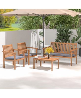 4 PCS Patio Wood Furniture Set with Loveseat, 2 Chairs & Coffee Table for Porch
