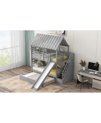 House Bunk Bed with Trundle, Slide, Storage stairway