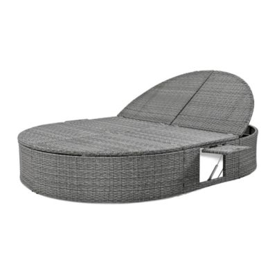 Gray Rattan Outdoor Daybed with Cushions and Cup Trays