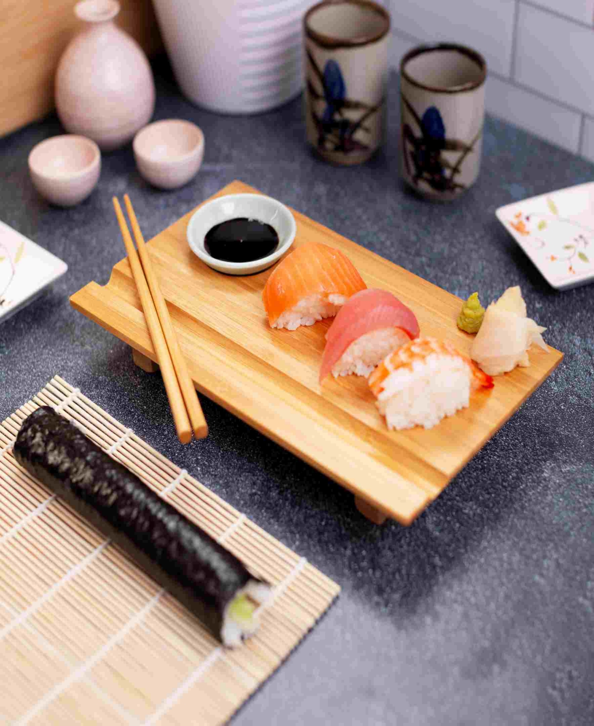 Joyce Chen 3pc Burnished Real Sushi Board Set. 3pc Set Includes A Real Sushi Board, Ceramic Soy Sauce Dish, Pai In Natural