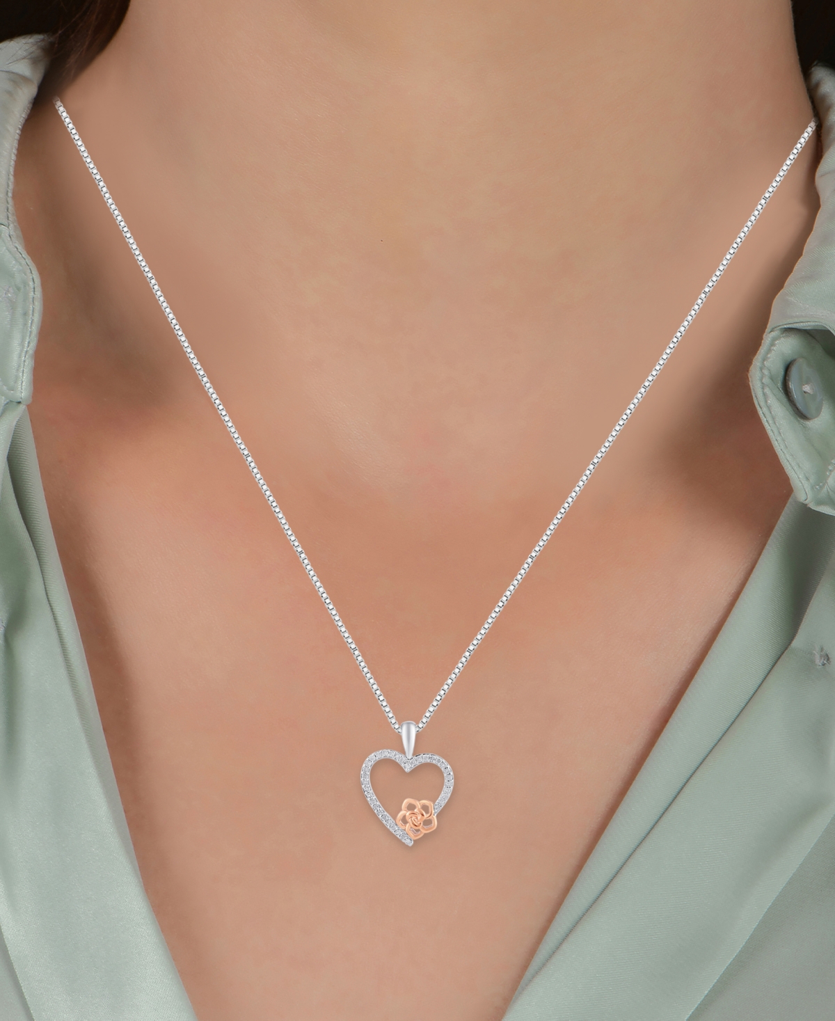 Diamond Heart Belle Rose Pendant Necklace (1/6 ct. t.w.) in Sterling Silver & Rose Gold-Plate, 16