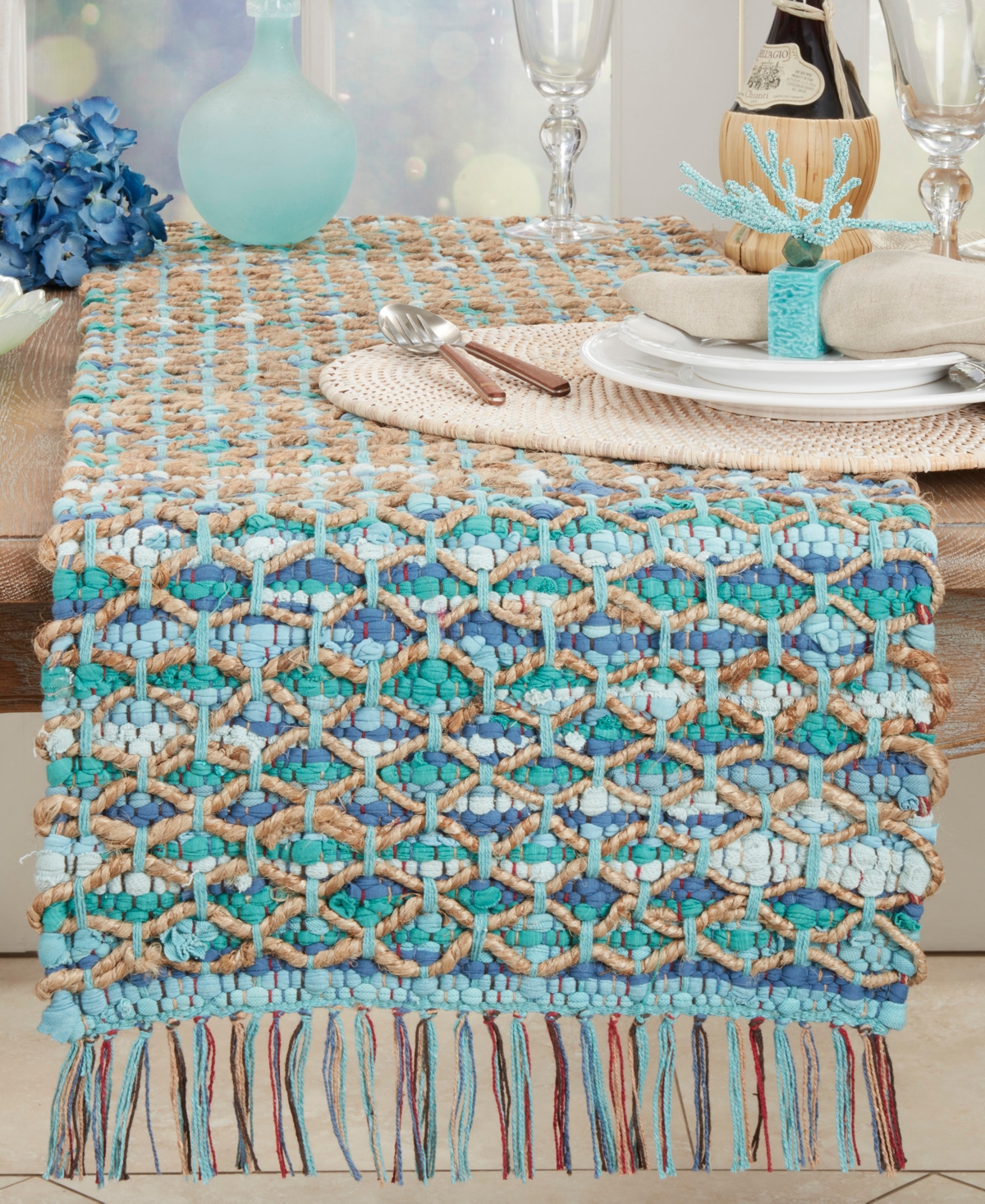 Saro Lifestyle Handwoven Net Chindi Table Runner, 16"x72" In Aqua
