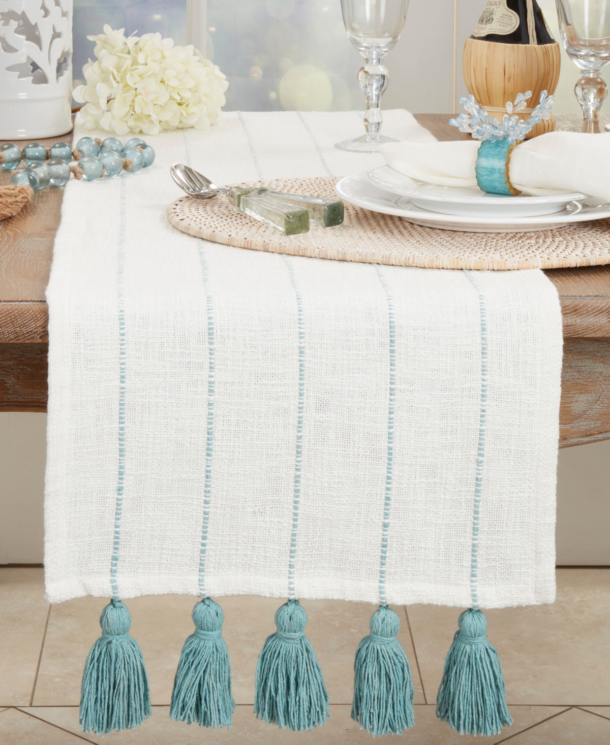 Saro Lifestyle Tassel Fantasy Stripe Table Runner, 16"x72" In Mint