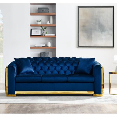 Streamdale Navy Blue Velvet Sofa Set with Gold Stainless Legs