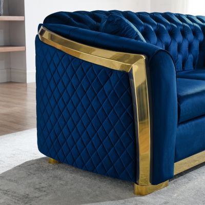 Streamdale Navy Blue Velvet Sofa Set with Gold Stainless Legs