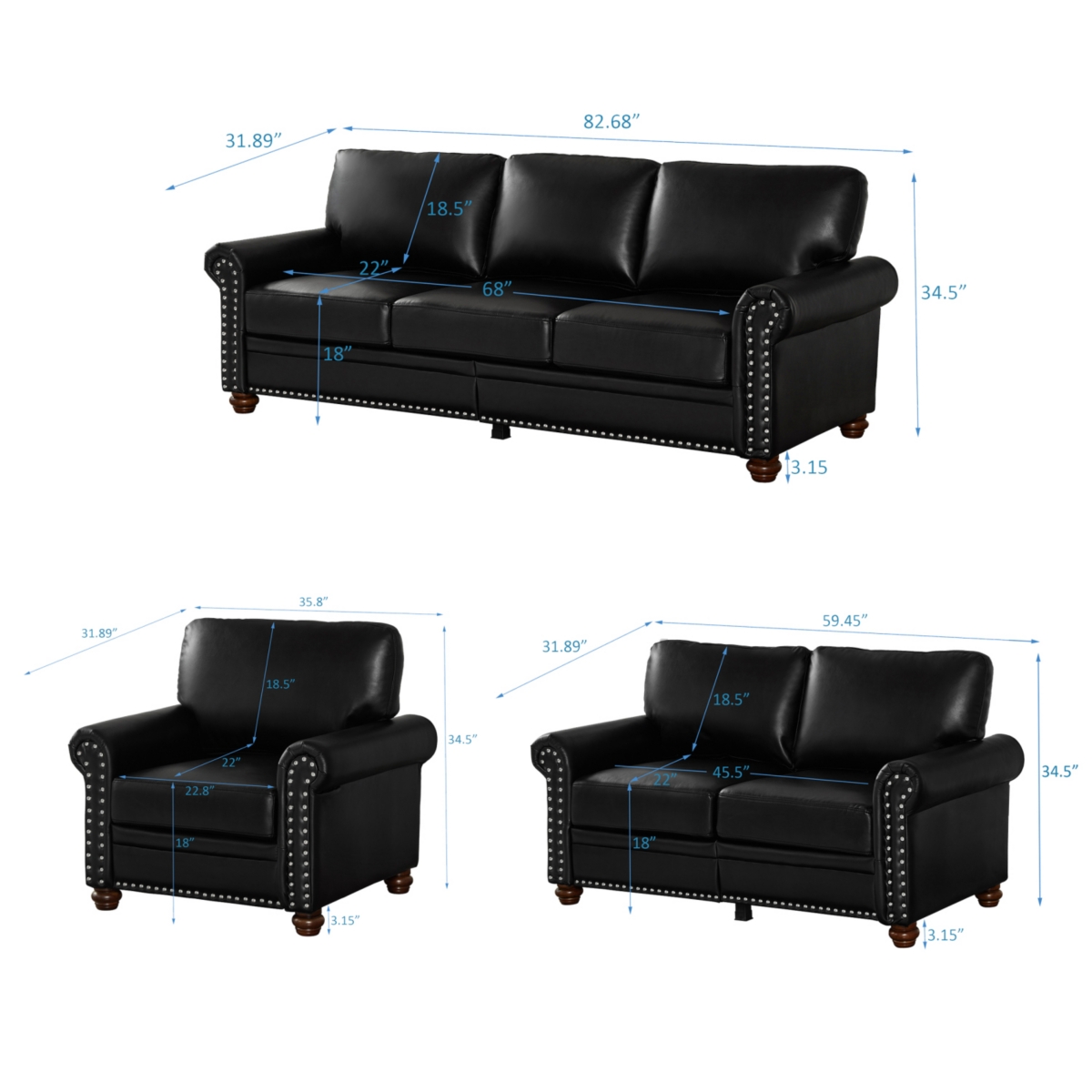 Streamdale Furniture Living Room Sofa With Storage Sofa 1+2+3 SectionalFaux Leather - Black