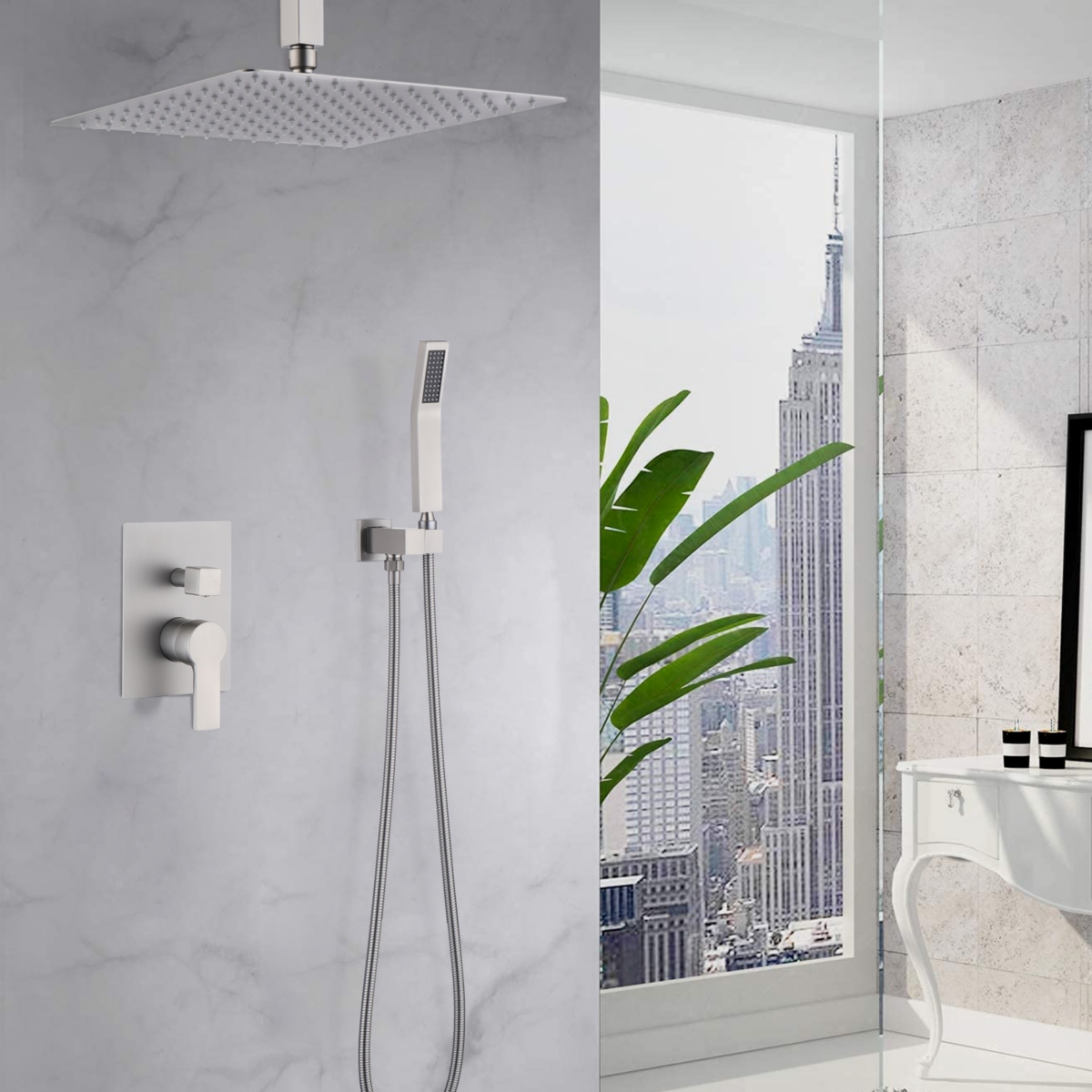 12 Inch Bathroom Rain Shower Combo Set With Hand Shower - Brushed nickel