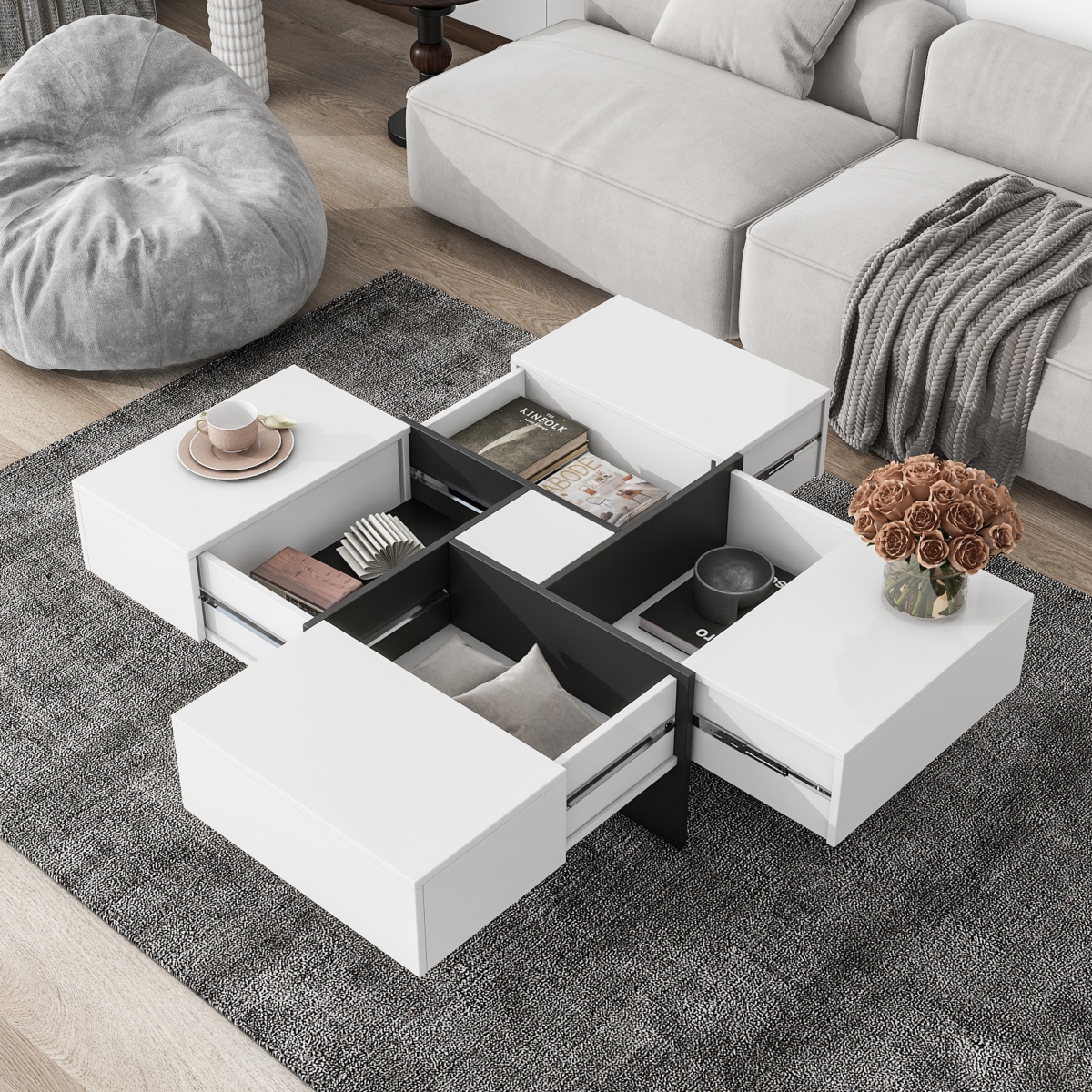 Streamdale Furniture Modern Square Coffee Table with Hidden Storage and Extendable Tabletop