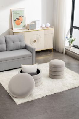 Ivory Boucle Ottoman with Wooden Shelves